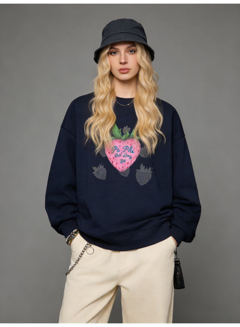 BM INS Navy Blue "Pi Phi Bid Day 24" Strawberry Graphic Oversized Crew Neck Sweatshirt | Unisex Pullover With Hand-Painted Print - Image 2